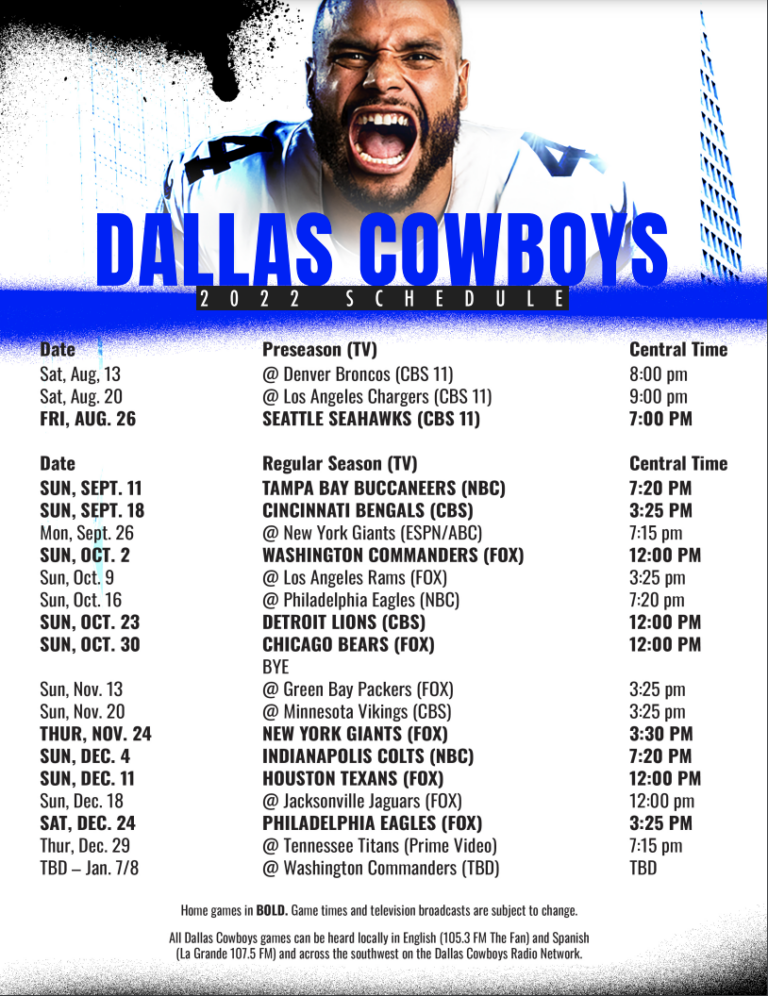 Dallas Cowboys 2022 Schedule, Game Times, Opponents